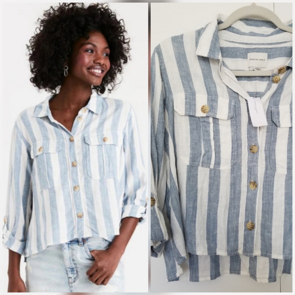 American Eagle Linen Cropped Button Down